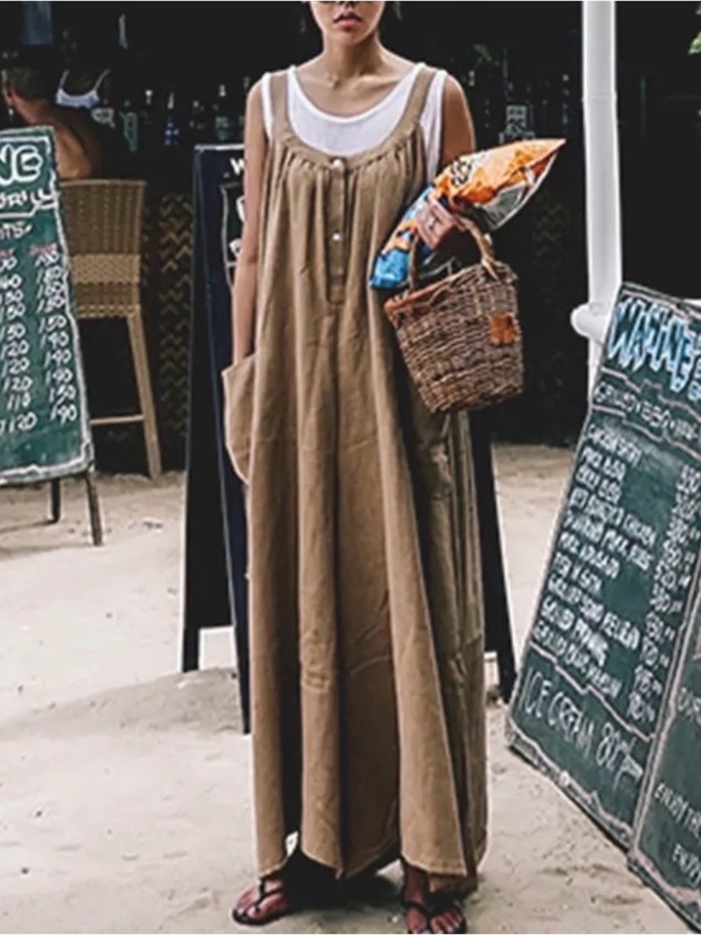 Women’s Casual Wide-Leg Jumpsuit in Tan